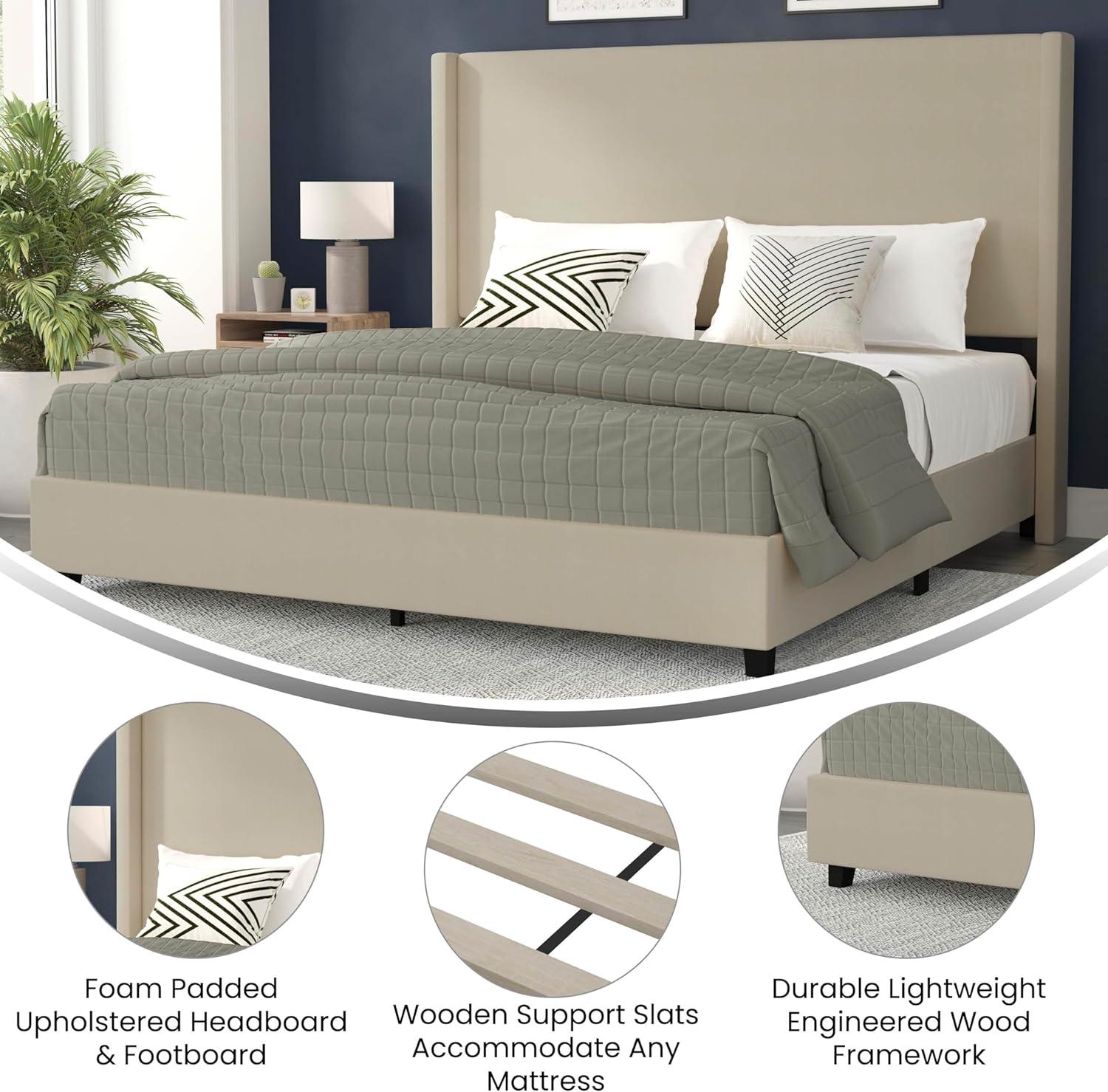 Merrick Lane Modern Platform Bed - Gray Faux Linen - Queen - Padded Wingback Headboard - 8.5" Floor Clearance - Wood Support Slats - No Box Spring Needed