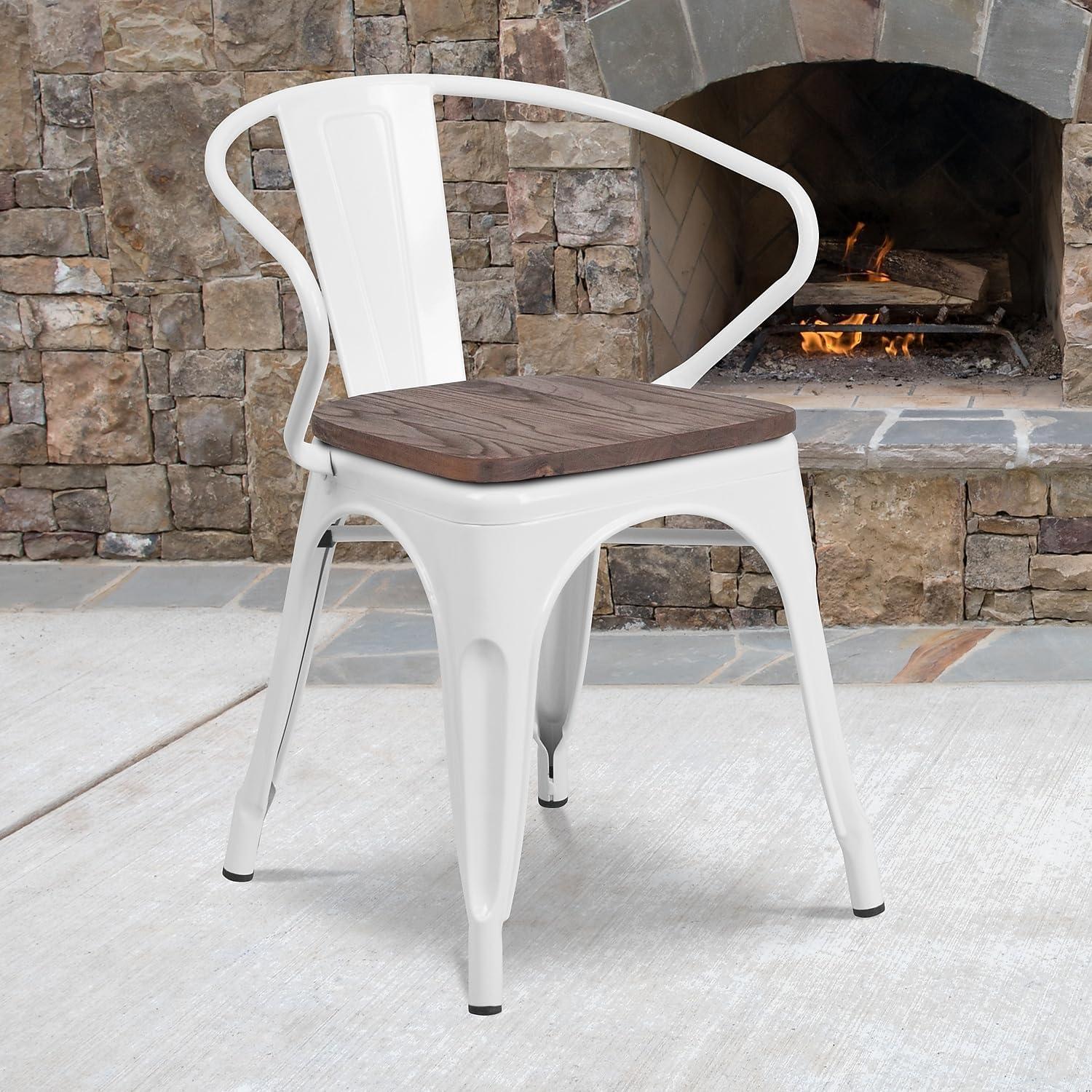 Flash Furniture White Metal Chair with Wood Seat and Arms