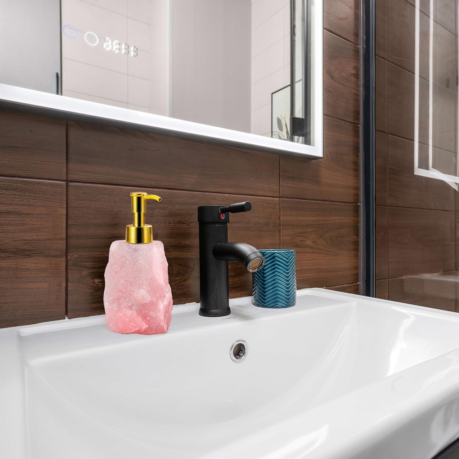 Rose Quartz Crystal Dispenser - Glossy Gold Color Pump - Natural Stone Soap Dispenser for Bathroom