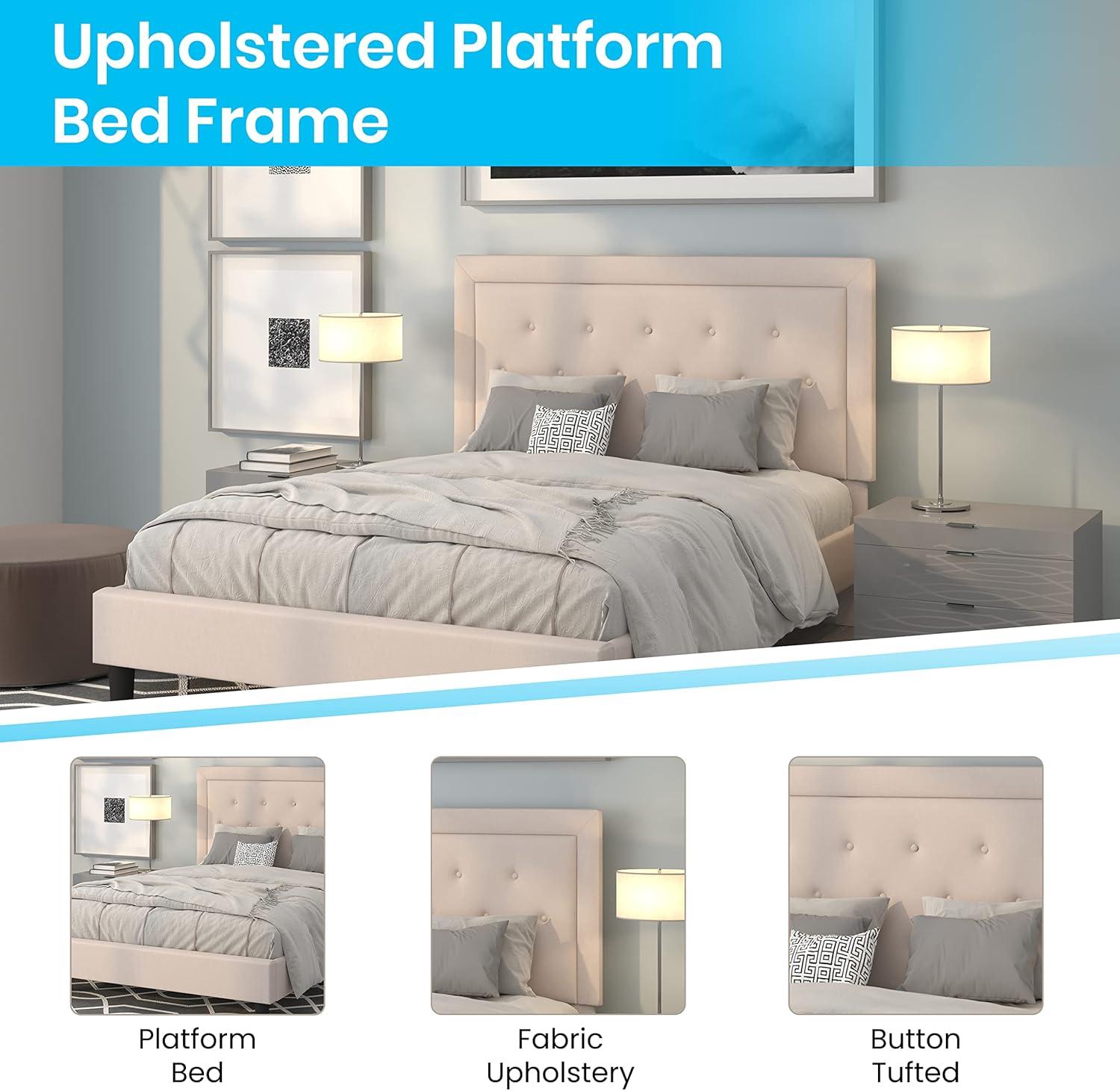 Flash Furniture Roxbury Queen Size Tufted Upholstered Platform Bed in Beige Fabric