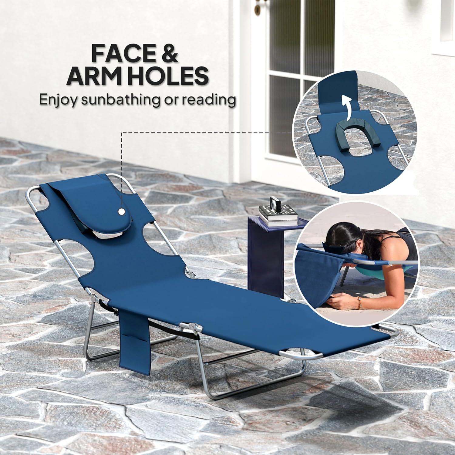 Outsunny Folding Beach Lounge Chair with Face Hole and Arm Slots, 5-Level Adjustable Sun Lounger Tanning Chair with Pillow for Patio, Garden, Beach, Pool, Dark Blue