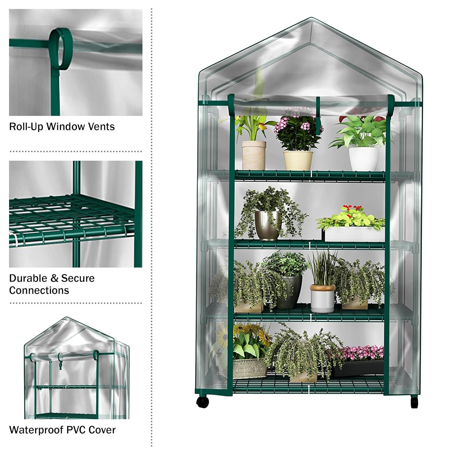 Pure Garden 4-Tier Greenhouse with Wheels – Indoor/Outdoor Plant Stand with PVC Cover & Shelves