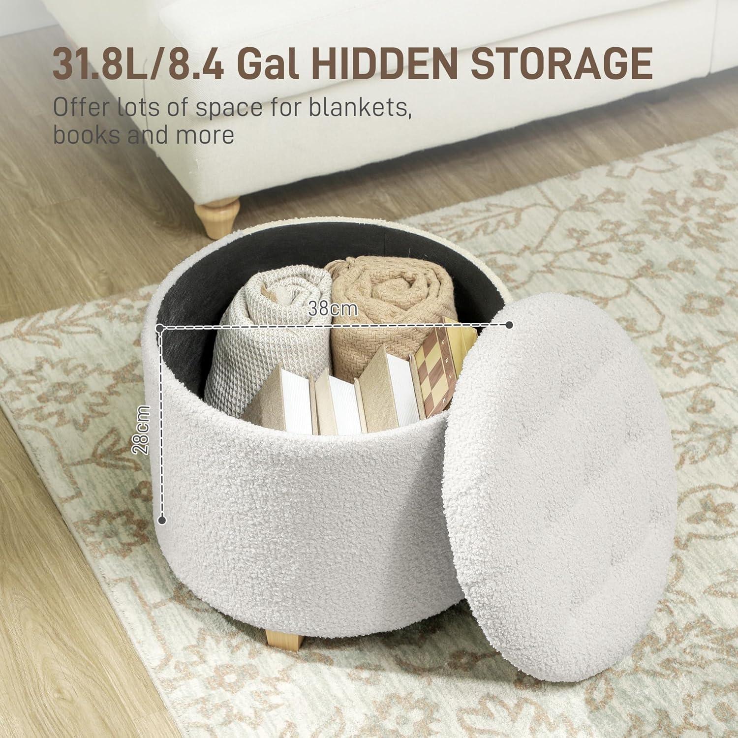 HOMCOM 18" Round Ottoman with Storage, Teddy Fleece Button Tufted Bedroom Stool with Removable Lid and Wood Legs for Living Room, Hallway, White