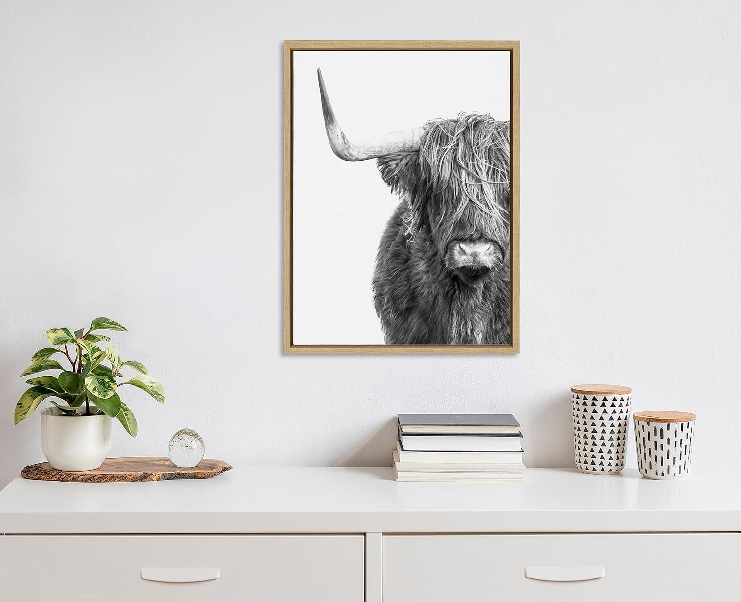 Black and White Highland Cow Canvas Print with Natural Wood Frame
