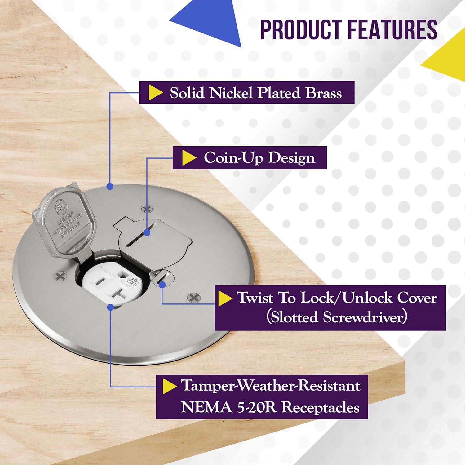 Enerlites 975517-S Floor Box Round 5 3/4'' Cover, Seamless Dual Flip Lid, 20A Duplex Tamper / Weather Resistant Outlet, Nickel Plated Brass