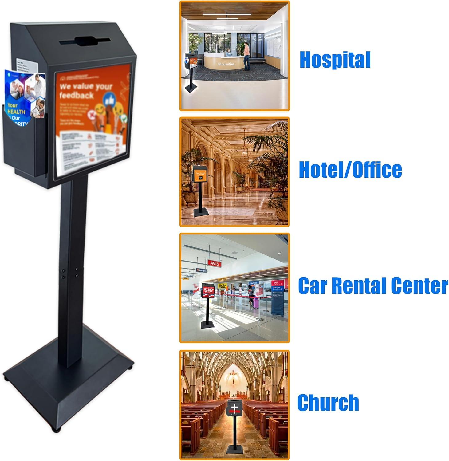 Suggestion Box with Stand,Floor Standing Offering Box,Metal Combination Lock Ballot Collection Safe Box for Voting,Charity,Donation,Church,Election,Hospital Feedback,and Car Rental Key Return, Black