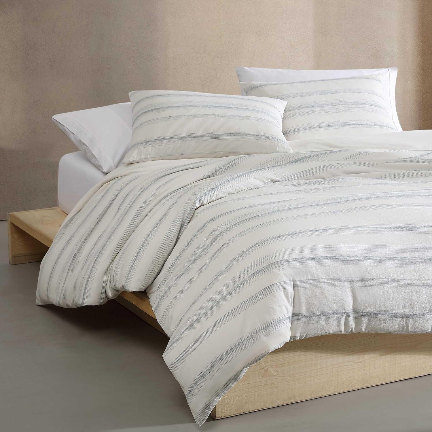 Queen Off-White Cotton Striped Duvet Cover Set