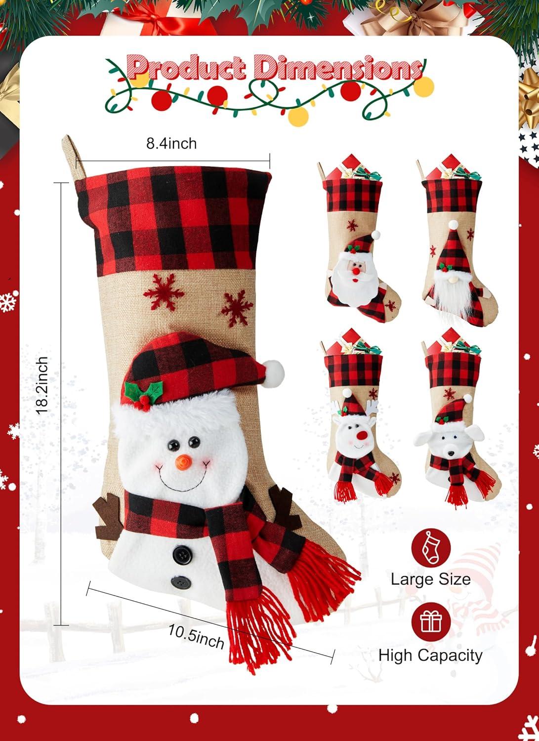 Christmas Stockings with Personalized Name Tag, 4 Pack 18" Christmas Stocking Snowman Deer Santa Gnome Burlap Plaid Xmas Stocking Holiday Christmas Decoration Gifts for Family