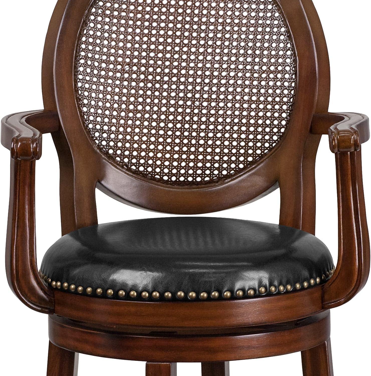 Flash Furniture 30'' High Expresso Wood Barstool with Arms, Woven Rattan Back and Black LeatherSoft Swivel Seat