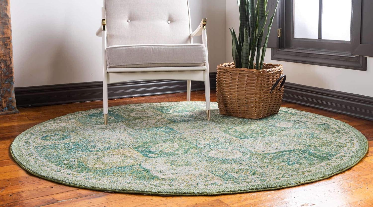 Elegant Geometric Green Round Synthetic Rug - 3'3"