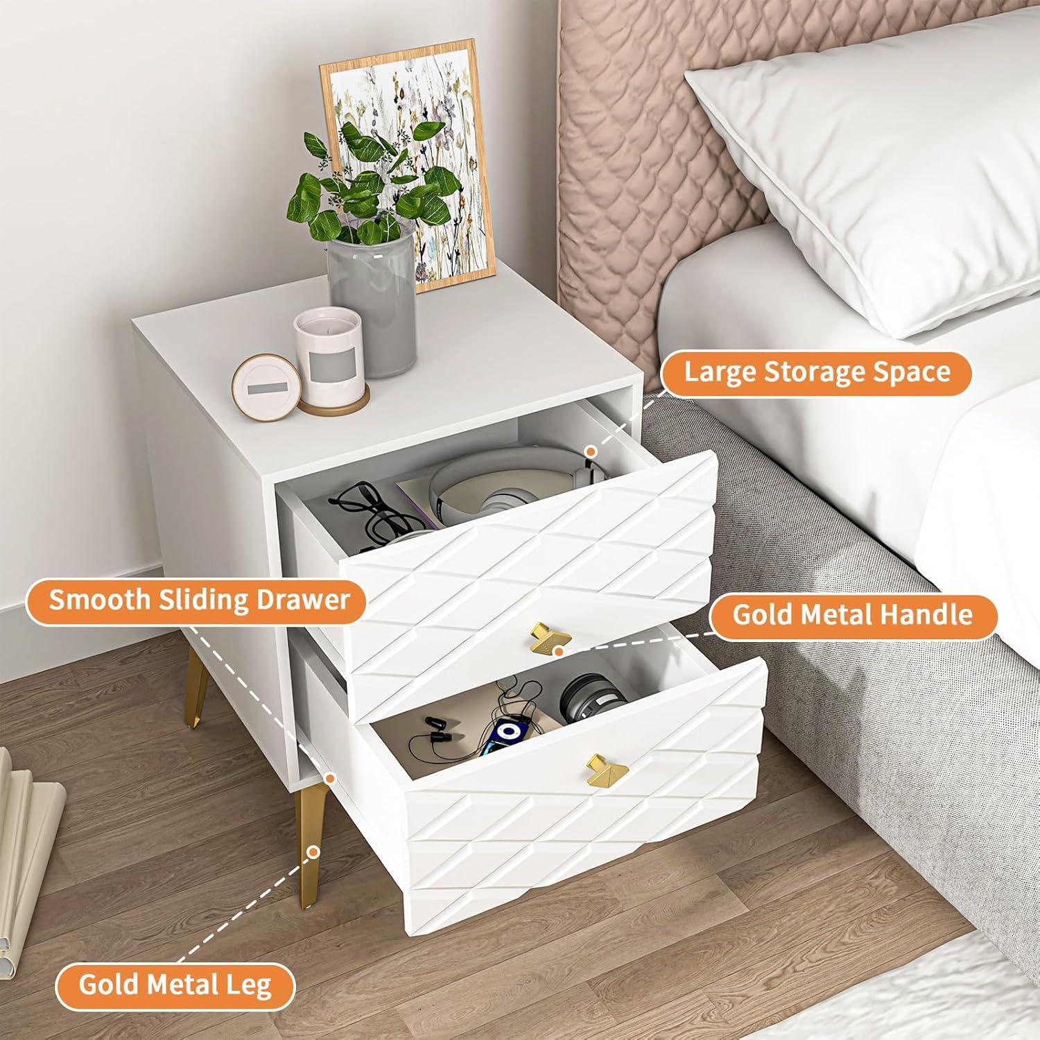 White and Gold Nightstand Set of 2,Modern Bedside Table with 2 Drawer for Bedroom,End Side Table with Gold Legs for Living Room,White Night Stand Set 2 for Bedroom