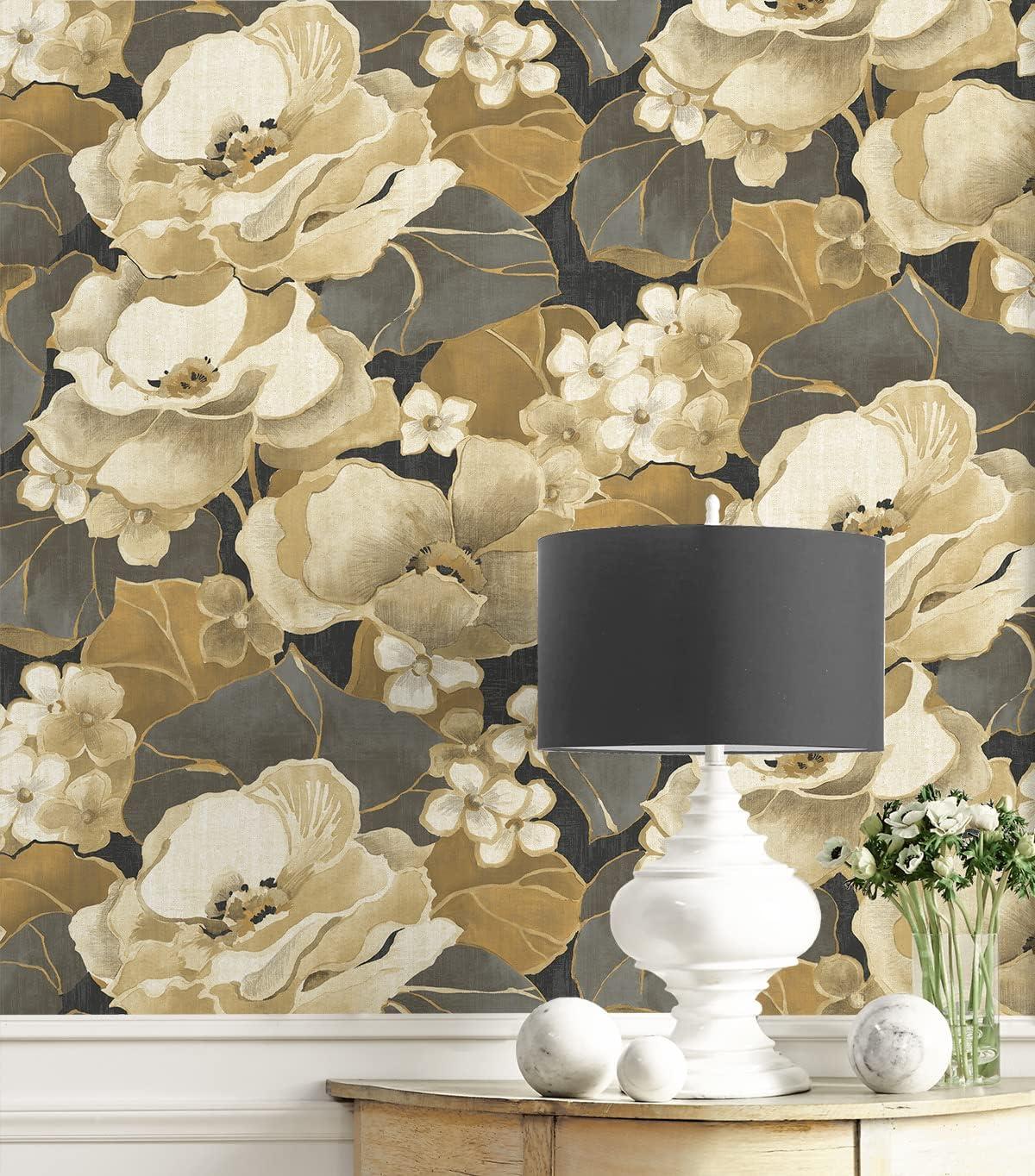 NextWall Ebony & Antique Gold Nouveau Floral Peel and Stick Wallpaper