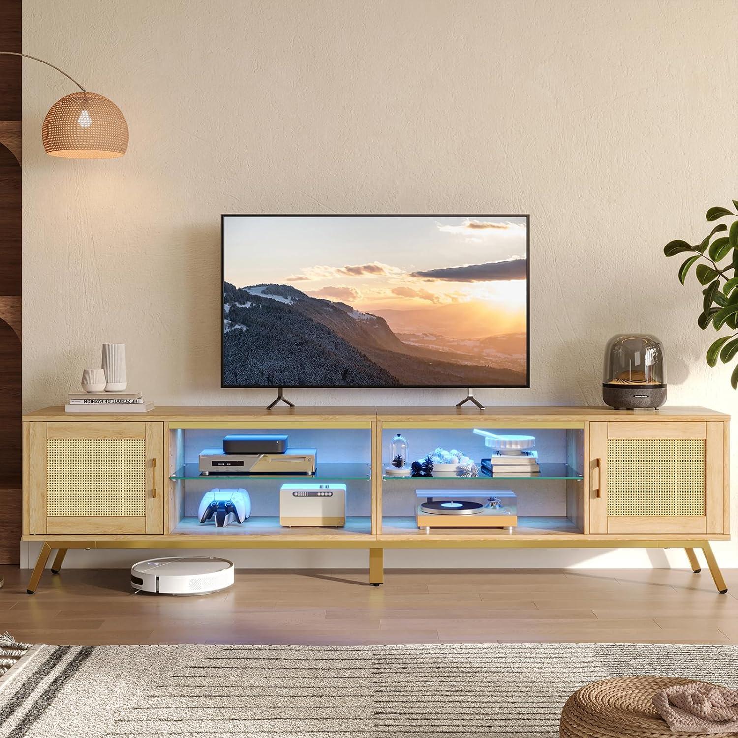 Bay Isle Home™ Alwies 80 inch TV Stand for TVs up to 85", Combinable Entertainment Center with LED Light and Adjustable Shelves, 4-1 Rattan TV console