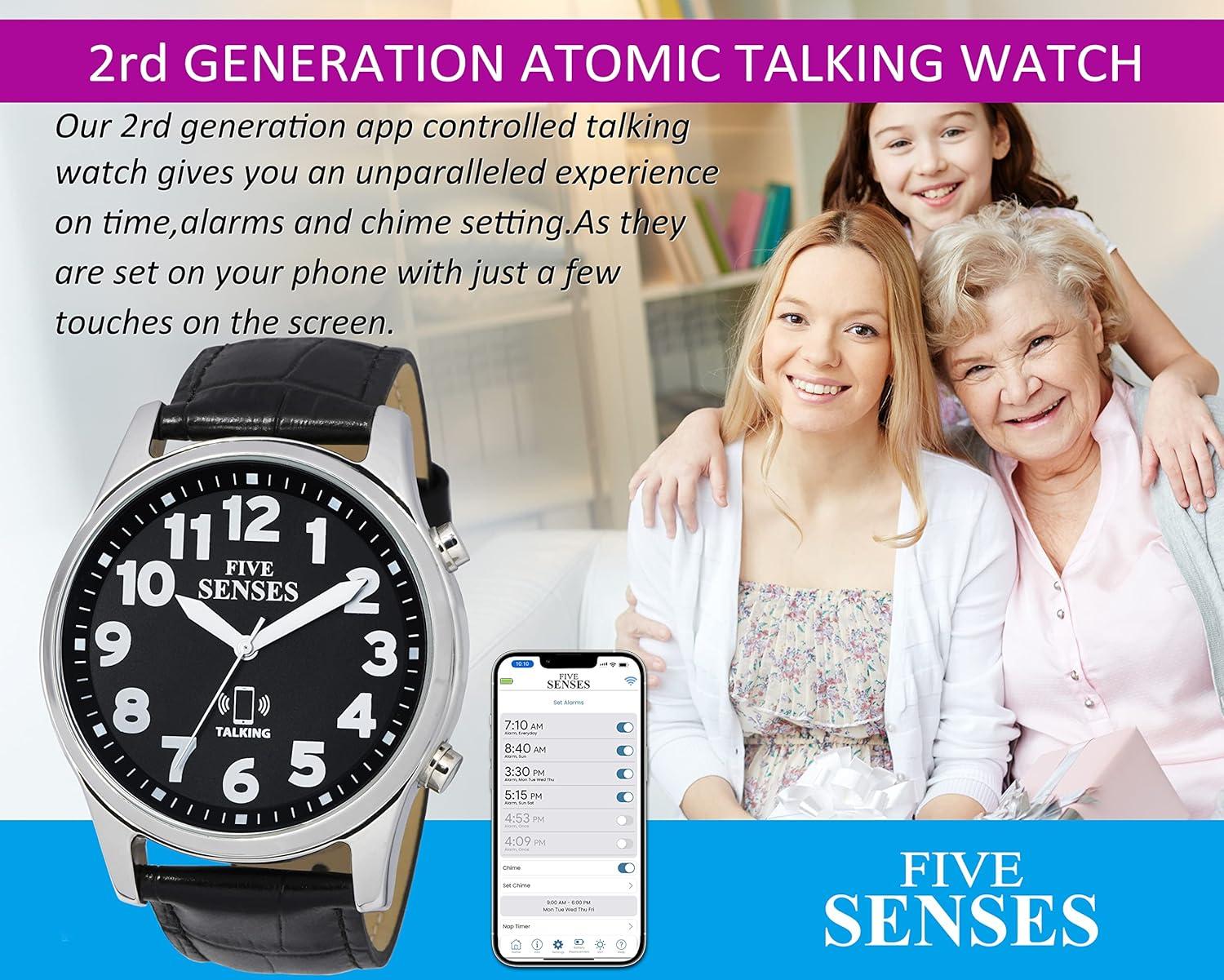FIVE SENSES Jumbo Smart Atomic Talking Watch with Voice Reminders and App Control for Seniors and Visually Impaired - Great Gift for Blind Men and Women. Metal Talking Watches for The Blind (Black)