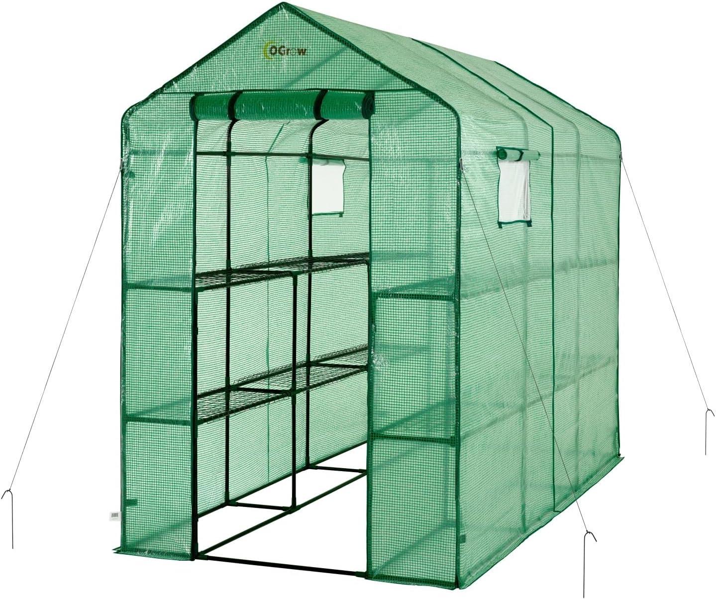 OGrow Mini Walk In Greenhouse for Outdoors Portable Green House 2 Tiers 12 Shelves 15lbs