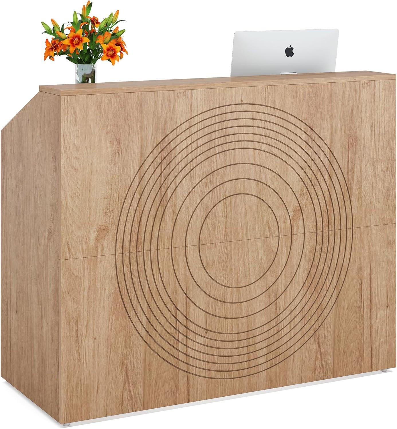 Tribesigns Reception Desk with Counter, Modern Front Desk Reception Room Table with Cable Grommet, 47 inch Retail Counter for Checkout, Lobby, Beauty Salon, Home Office Desk, Oak