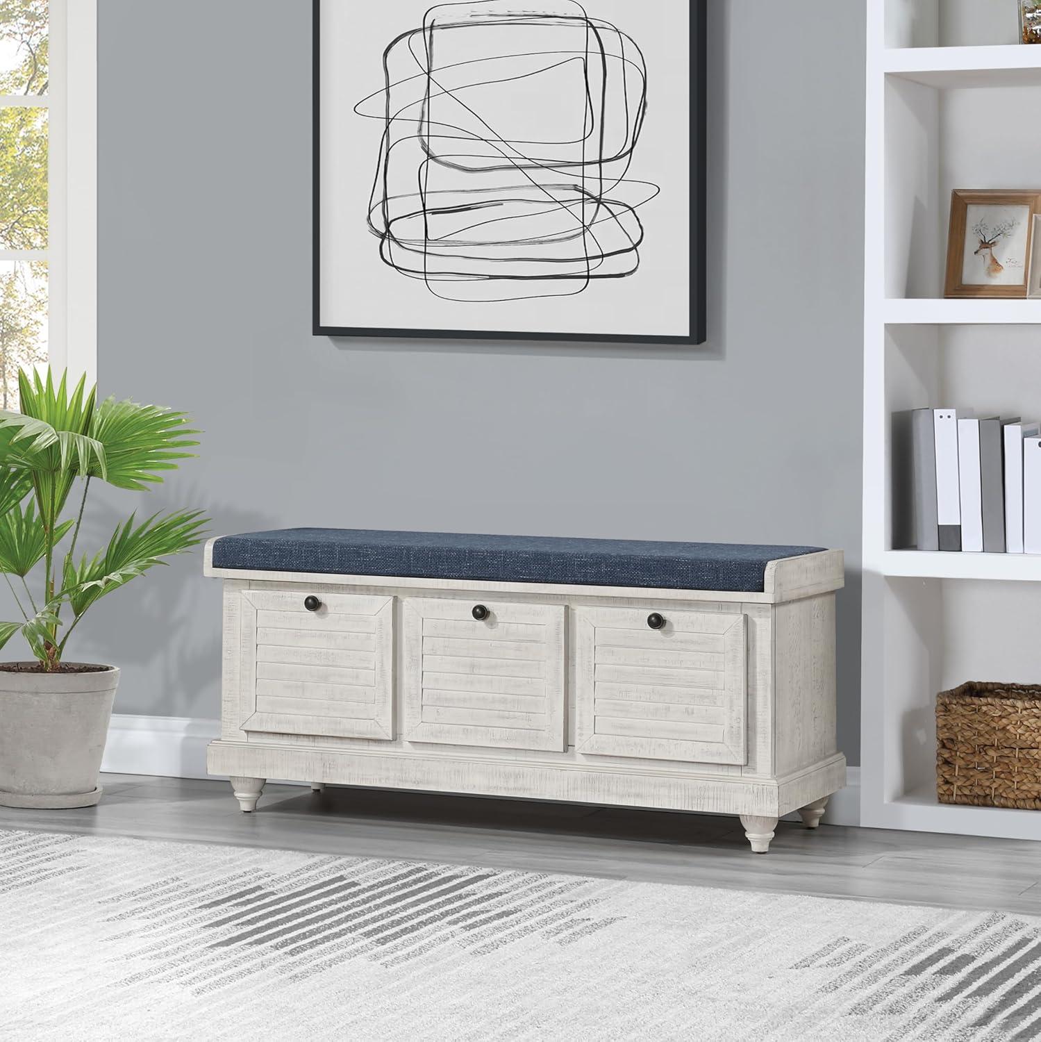 Dover Storage Bench in Wood Distress White with Navy Fabric Cushion ASM