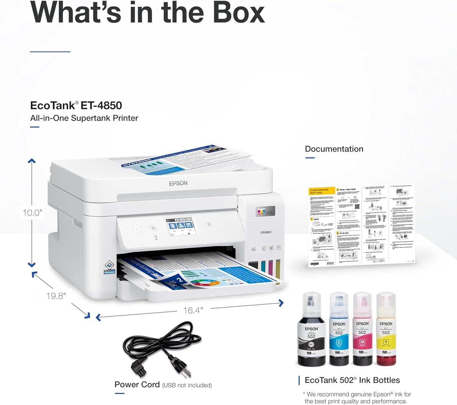 Epson EcoTank ET-4850 All-in-One Cartridge-Free Supertank Printer - White: Wi-Fi, Fax Capabilities