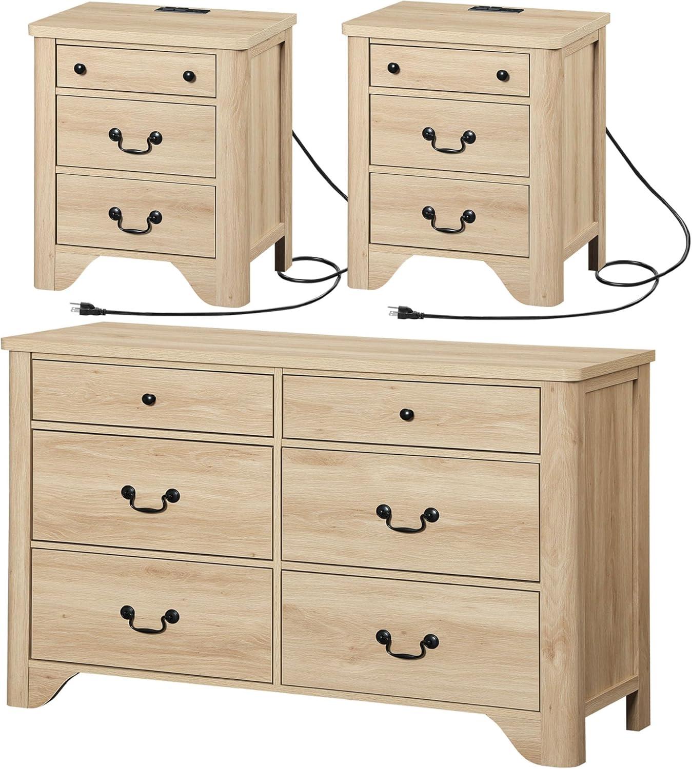 WAMPAT 3 Piece Dresser and Nightstand Sets, Farmhouse Dresser & Chest of Drawers with 6 Drawers & Metal Handle, Set of 2 Nightstands End Table with Charging Staion, 3 Piece Bedroom Set, Oak