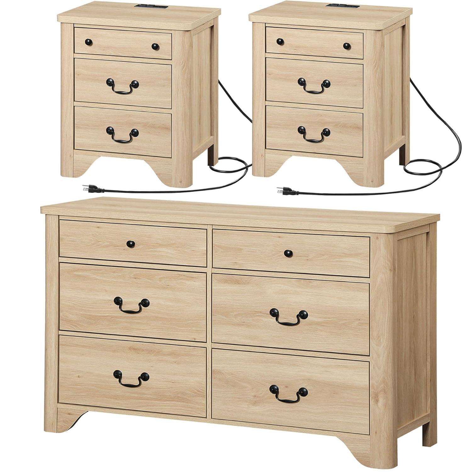 WAMPAT 3 Piece Dresser and Nightstand Sets, Farmhouse Dresser & Chest of Drawers with 6 Drawers & Metal Handle, Set of 2 Nightstands End Table with Charging Staion, 3 Piece Bedroom Set, Oak