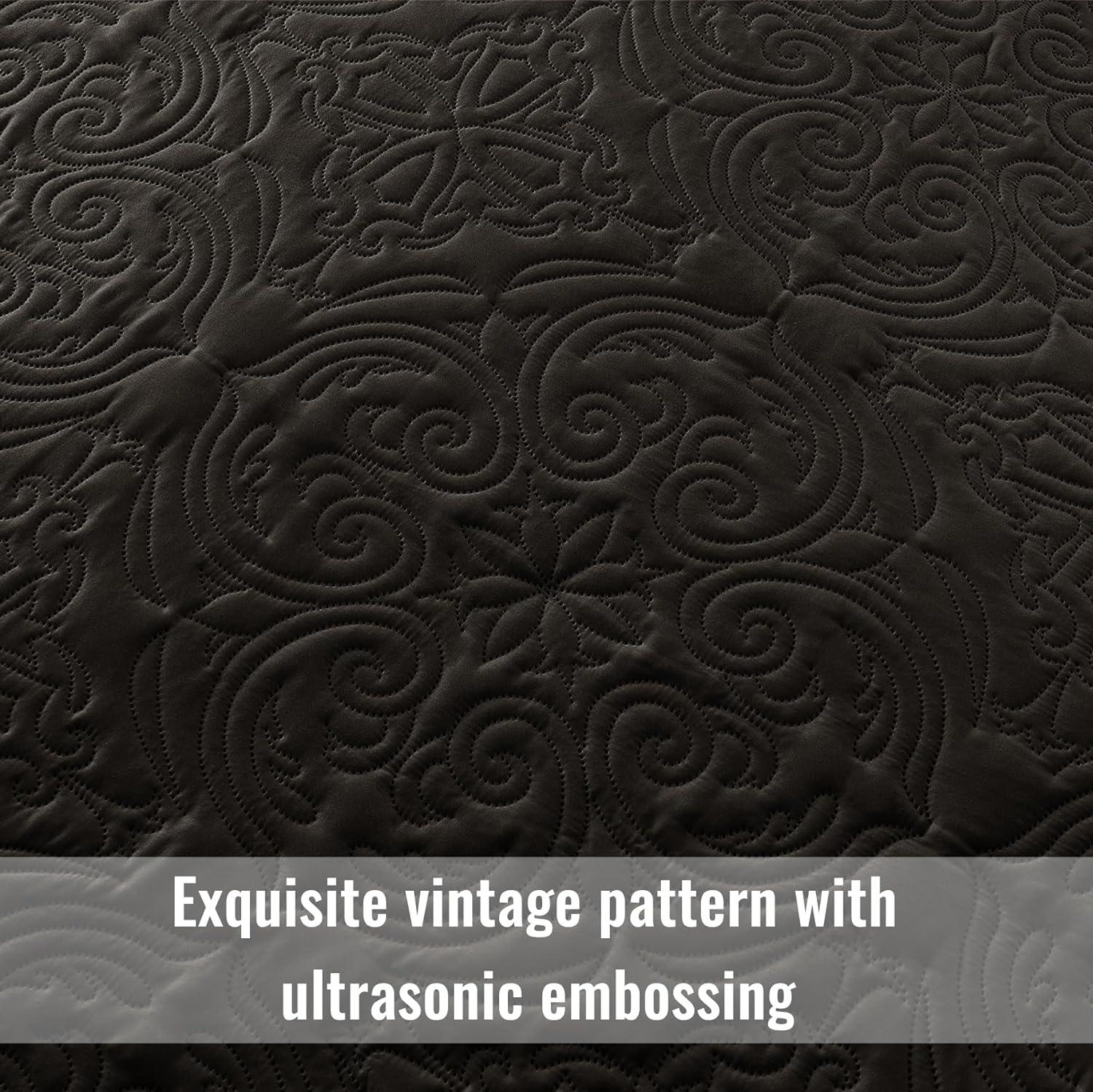Exclusivo Mezcla Queen Quilt Bedding Set, Lightweight Vintage Queen Size Quilts with Pillow Shams, Soft Bedspreads Coverlets for All Seasons (96"x90", Black)