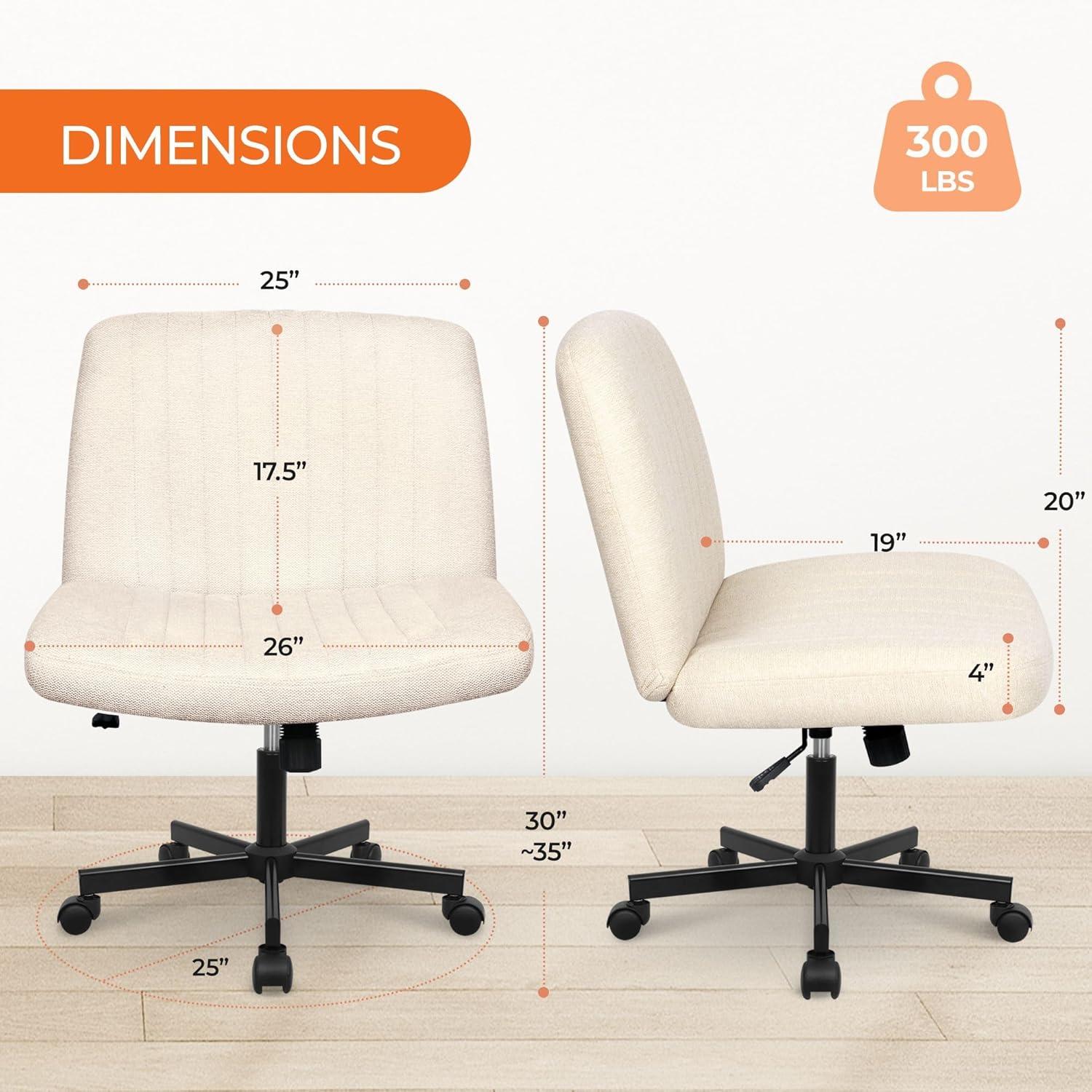 Orange Factory Beige Office Chair, Armless Criss Cross Legged Chair with Wheels, Comfy Home Office Desk Chairs, Adjustable Swivel Padded Fabric Vanity Task Computer Chair