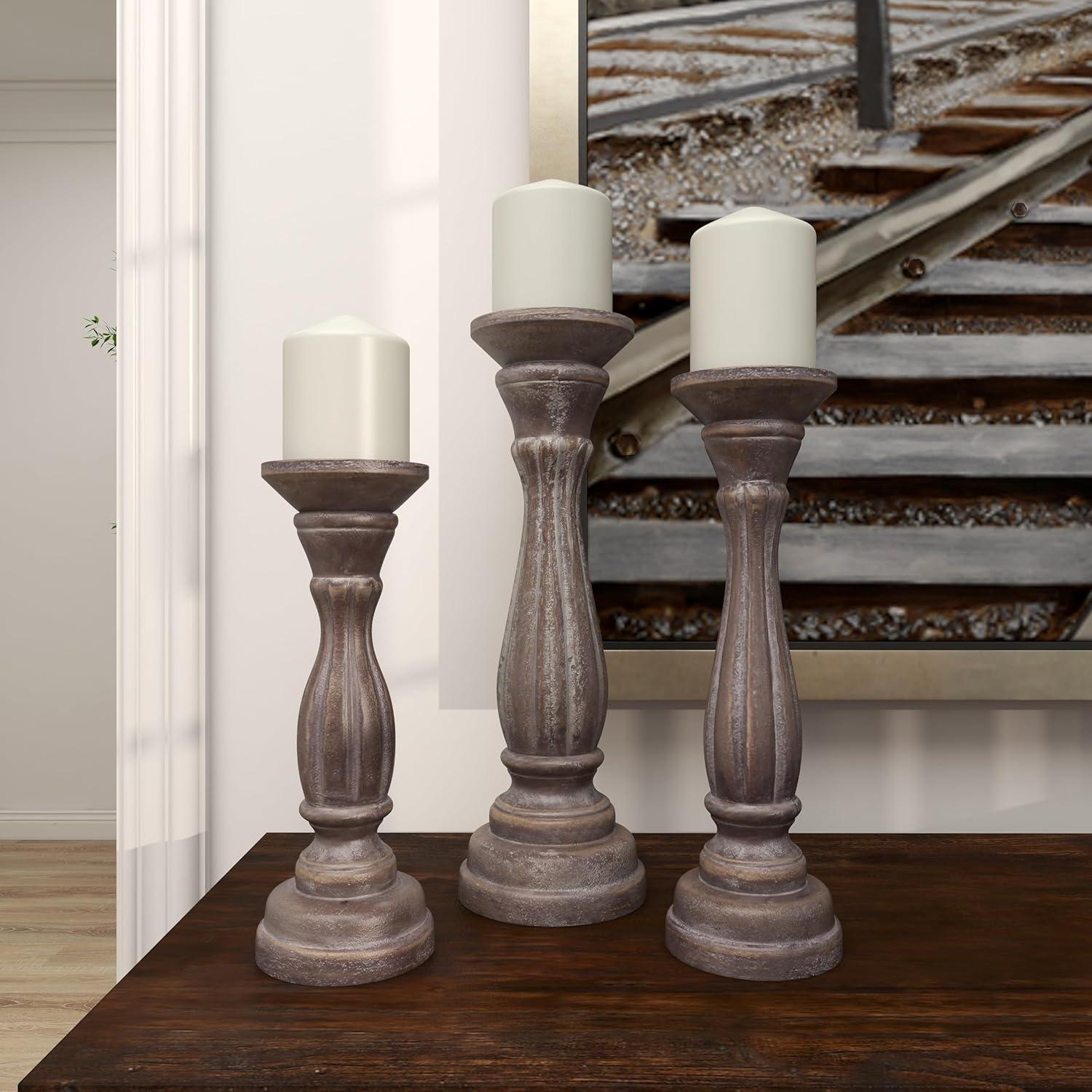 DecMode 3 Candle Brown Wood Candle Holder, Set of 3