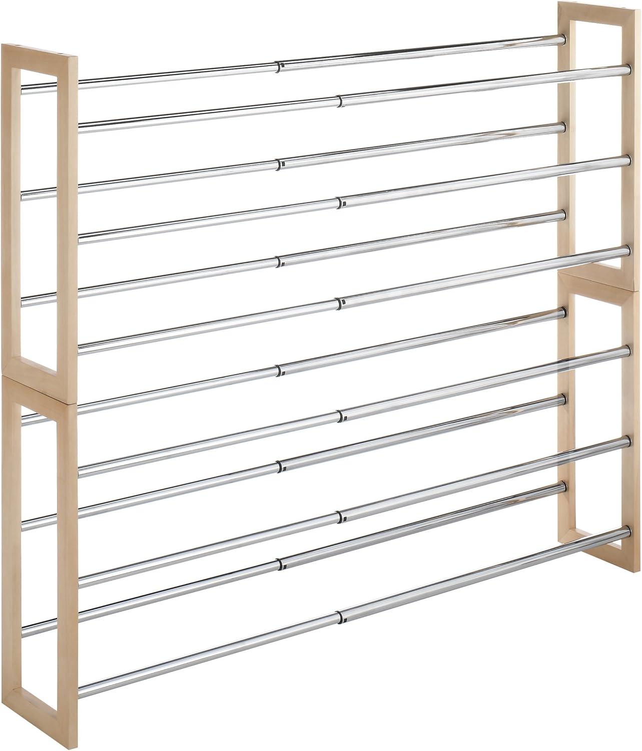 Whitmor 3-Tier Expandable Stackable 18 Pair Shoe Rack, Metal and Wood, Natural Wood and Chrome