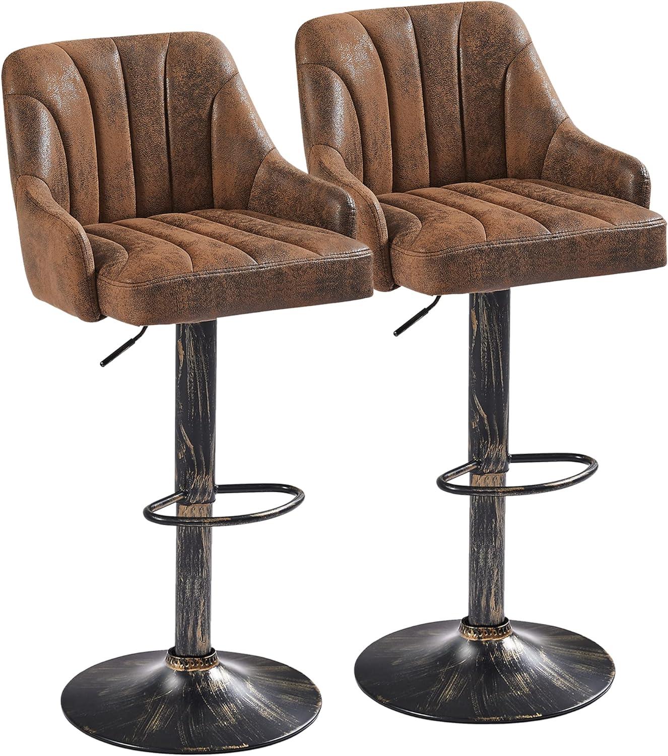 VECELO Set of 2 Swivel Bar Stools, Adjustable Counter Height Barstools Faux Leather Chair with Backrest and Armrest, Dark Brown