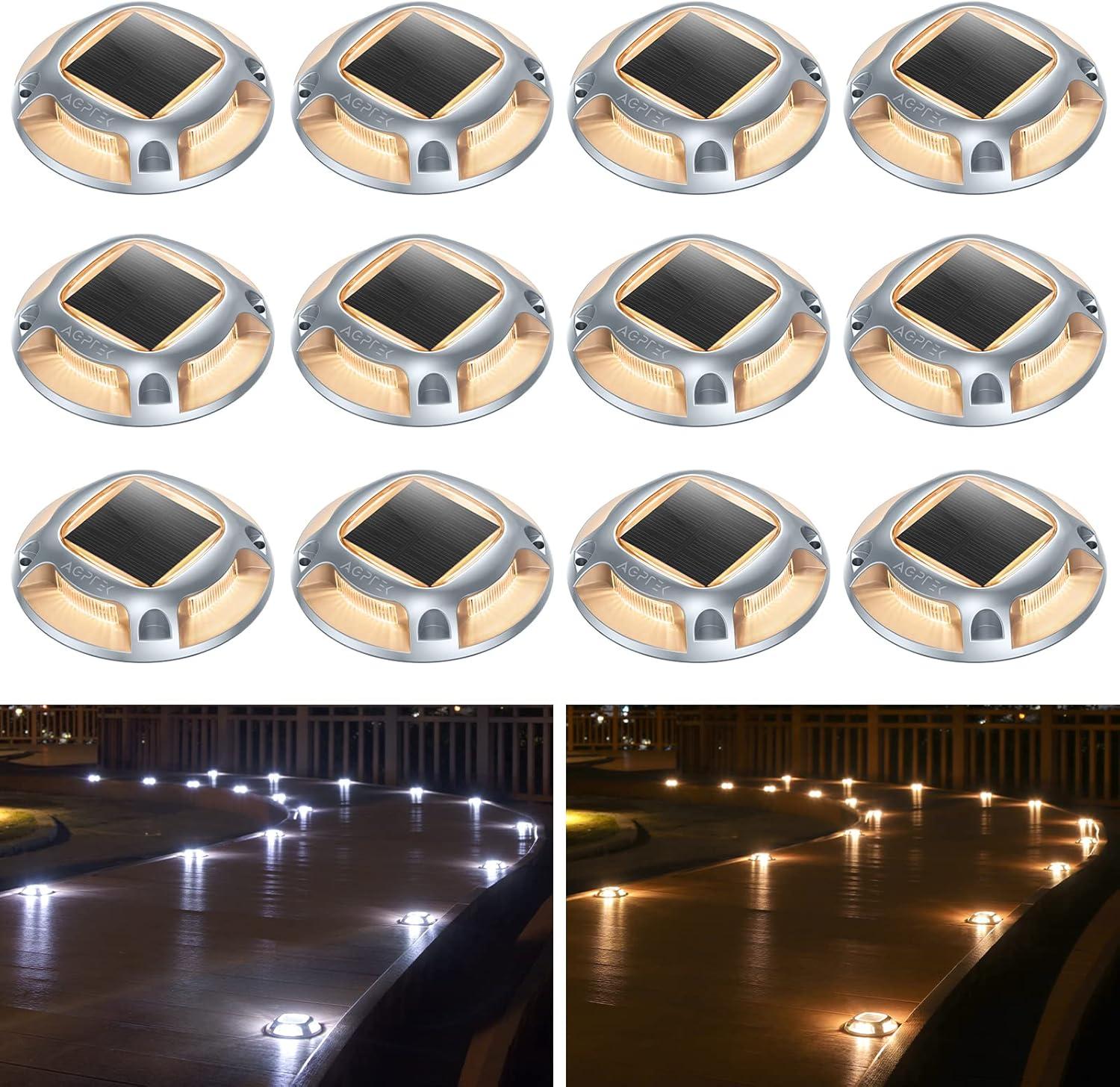 Solar Driveway Lights Outdoor 12 Pack, Solar Deck Lights 2 Color Modes Dock Lights Waterproof Driveway Markers Step Lights For Sidewalk Stair Garden Pathway Walkway Yard