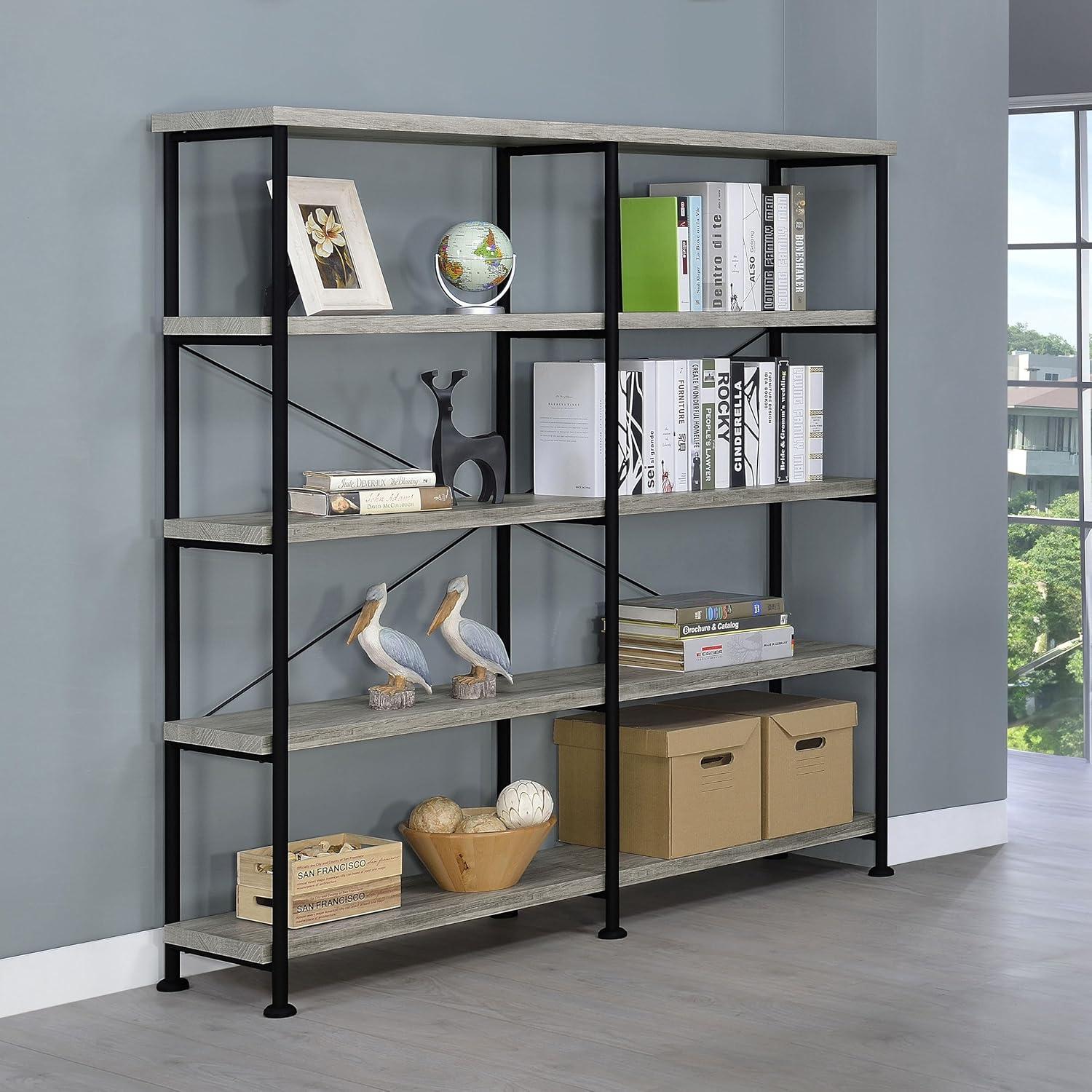 63" Analiese Double Bookcase with 4 Open Shelves in Gray Driftwood - Coaster