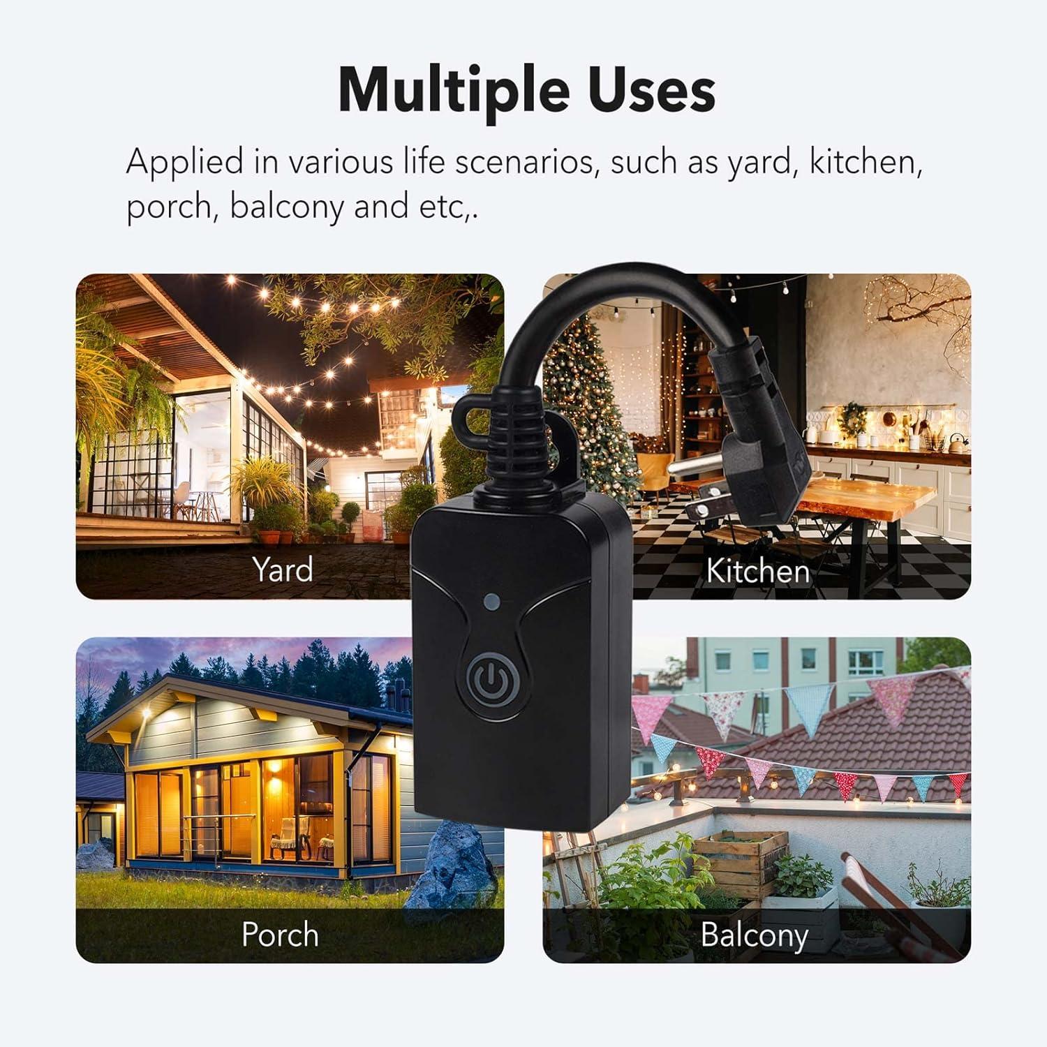 Black Outdoor Smart WiFi Plug with Grounded Outlet, 2-Pack