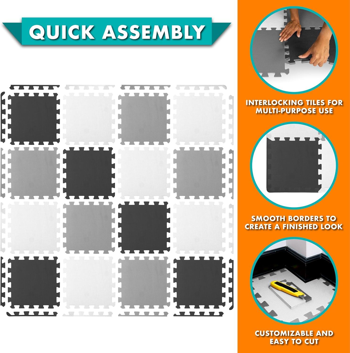 Prosource Kids Solid Floor Play Mat 3/8-in, 16 Sq Ft - 16 Tiles, Black/Grey/White