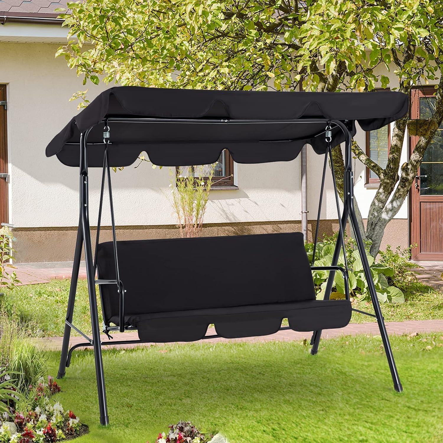 Black Steel 3-Seat Outdoor Swing with Adjustable Canopy