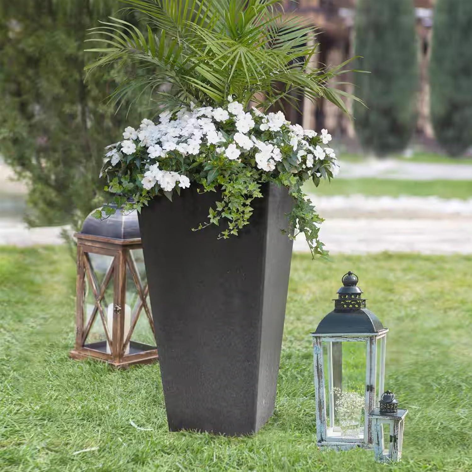 Tierra Verde 2pc Sonata Tall Square Indoor Outdoor Self-Watering Planter Pots Black 15"x28"