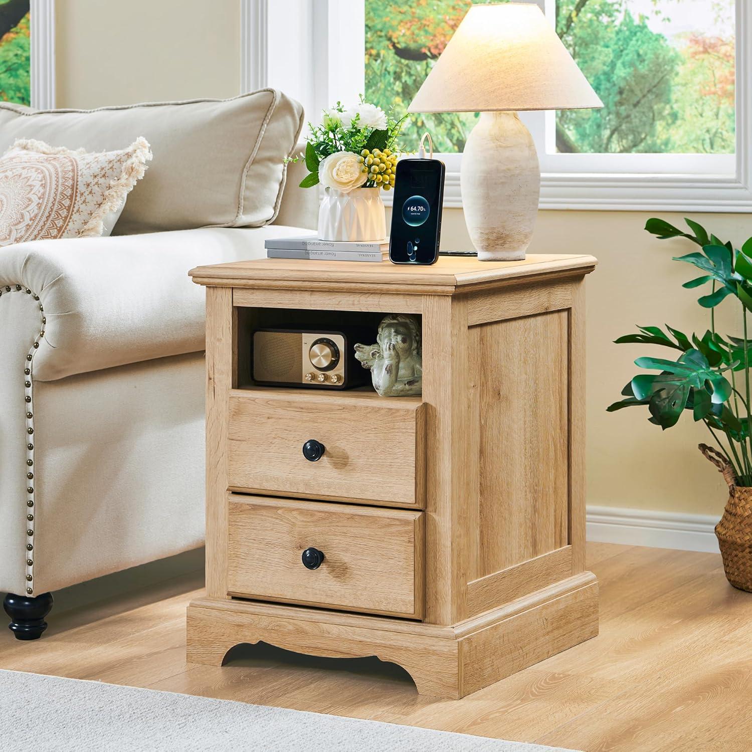 Natural Oak 2-Drawer Nightstand with Charging Station