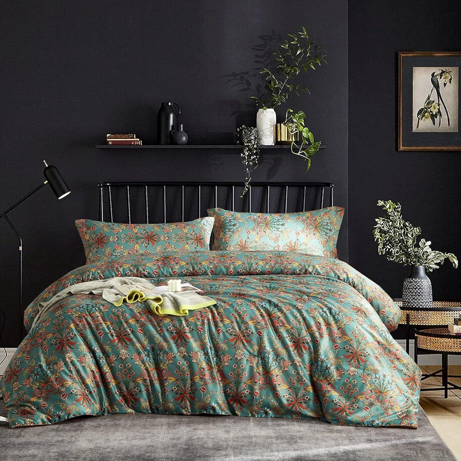 Floral King Size Comforter Set for King Bed Farmhouse Boho Bedding Comforter Sets Fluffy Lightweight Flowers Plants All Season 3 Pieces Comforter King with 2 Pillow Shames