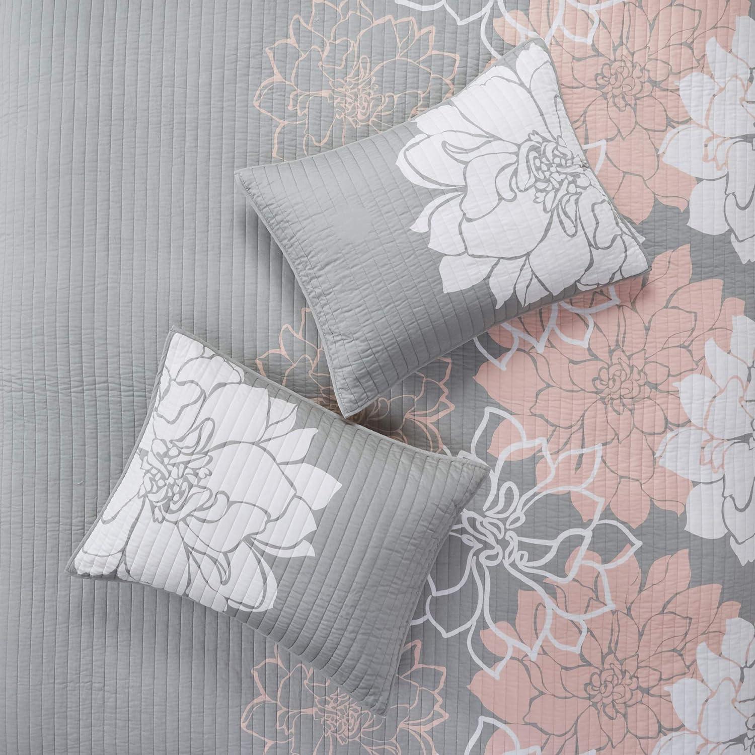 King Gray Floral Reversible Cotton Quilt Set