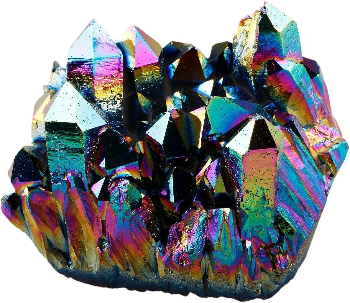 Natural Titanium Coated Rainbow Quartz Crystal Cluster Geode