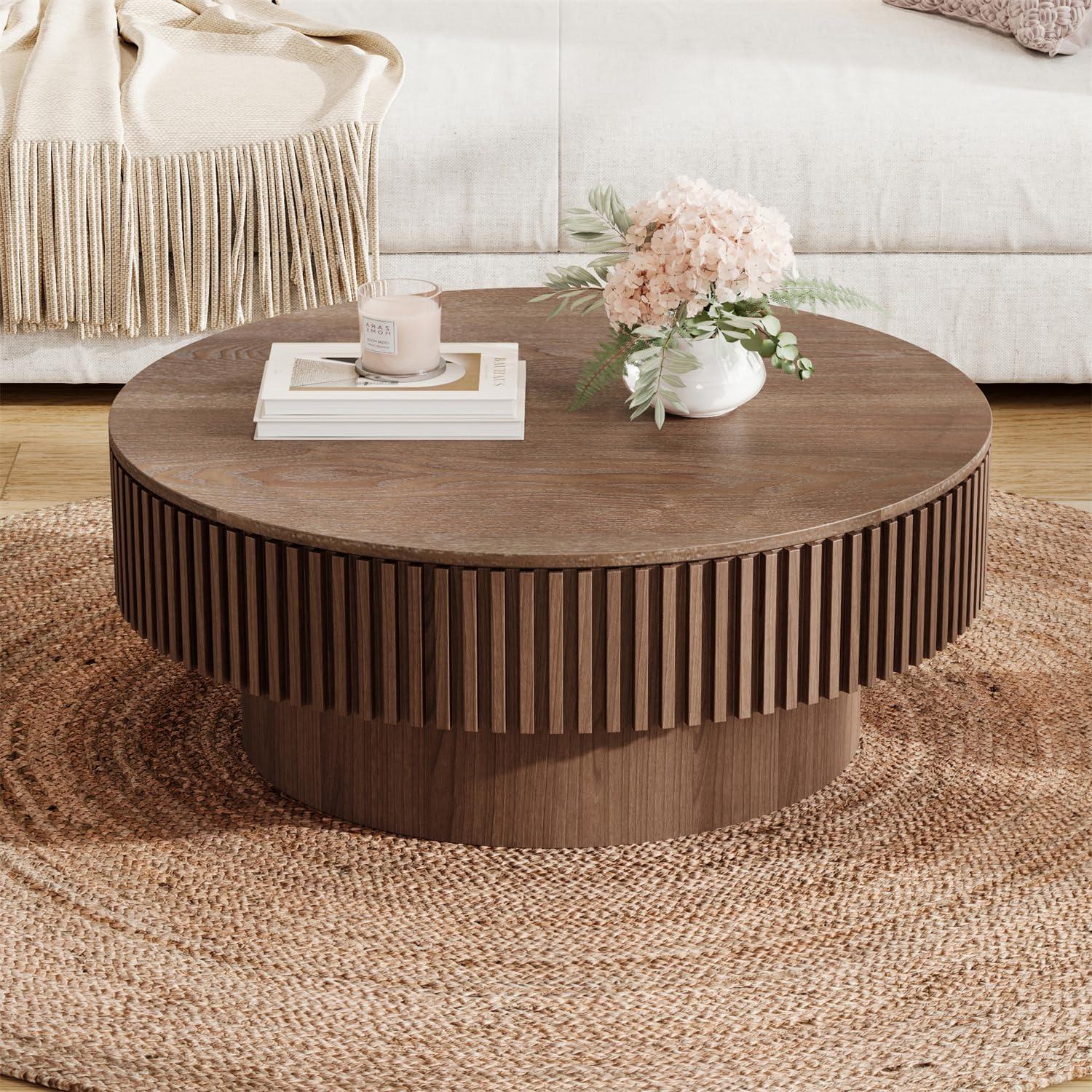 31.5" Round Wood Coffee Table with Storage - Modern Drum Circle Fluted Side Table for Apartment, Office - Easy Assembly, Walnut