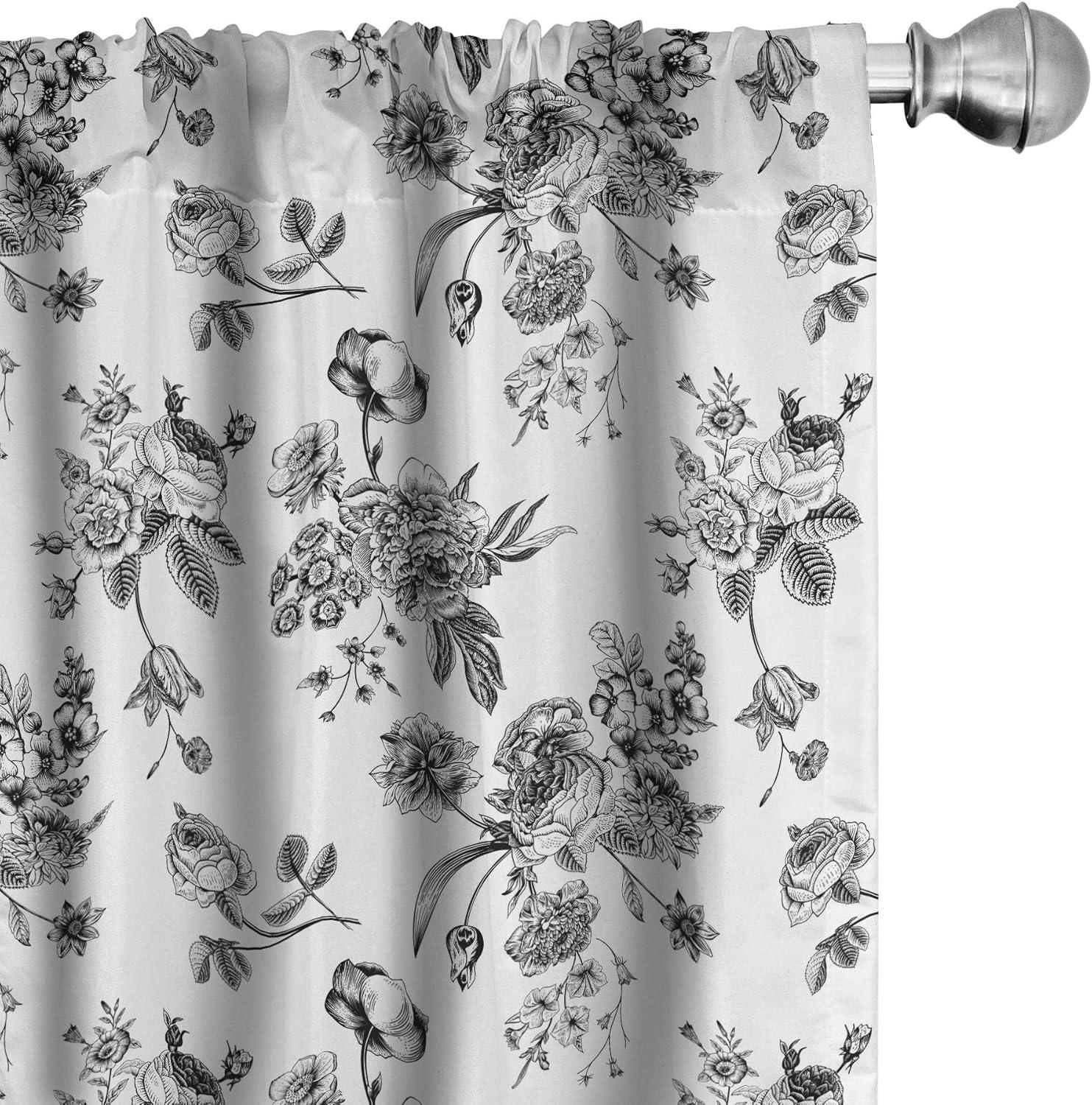 Victorian Black and White Floral Polyester Curtain Panels, 28" x 63"