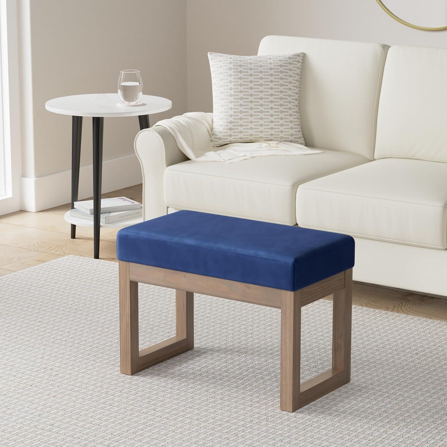 Simpli Home Milltown 26" Footstool Ottoman Bench in Blue Velvet