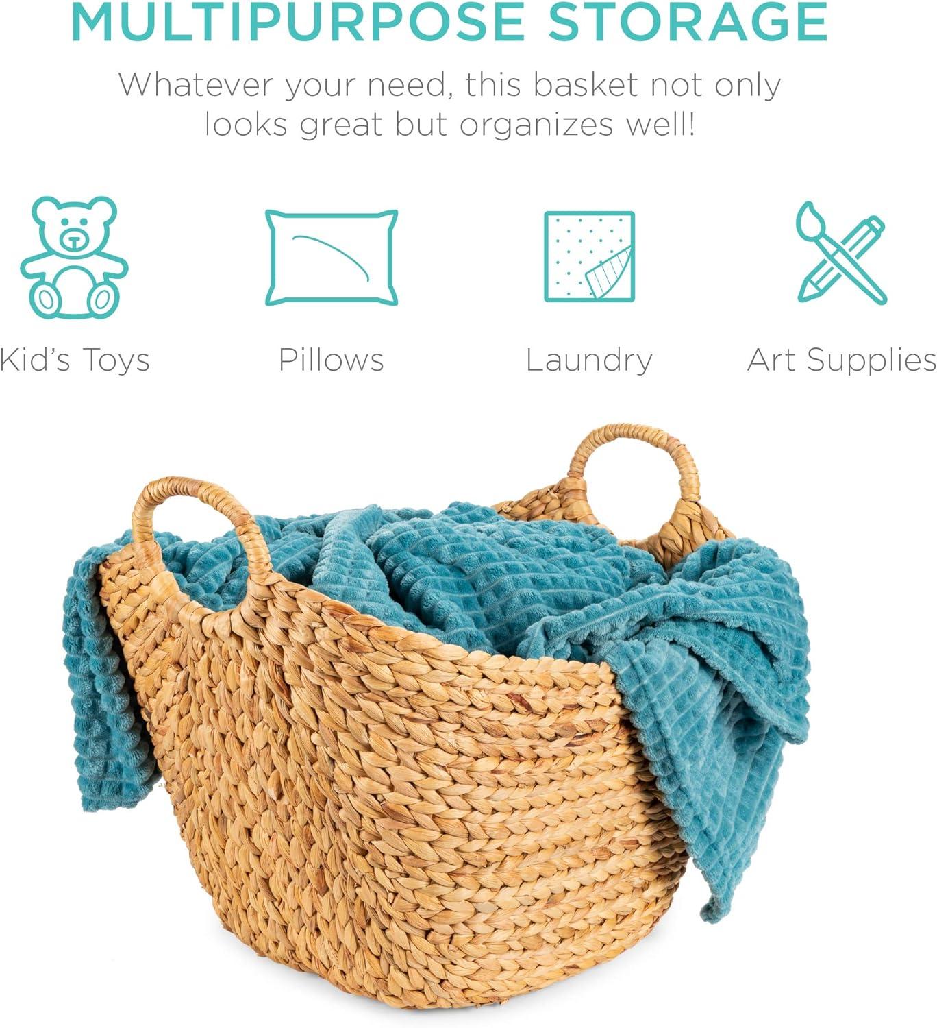 Large Vintage Laundry Basket Multipurpose Hyacinth  Basket  Handwoven French-Style Organizer Tote for Bedroom  Living Room  Bathroom  w/Handles - Natural