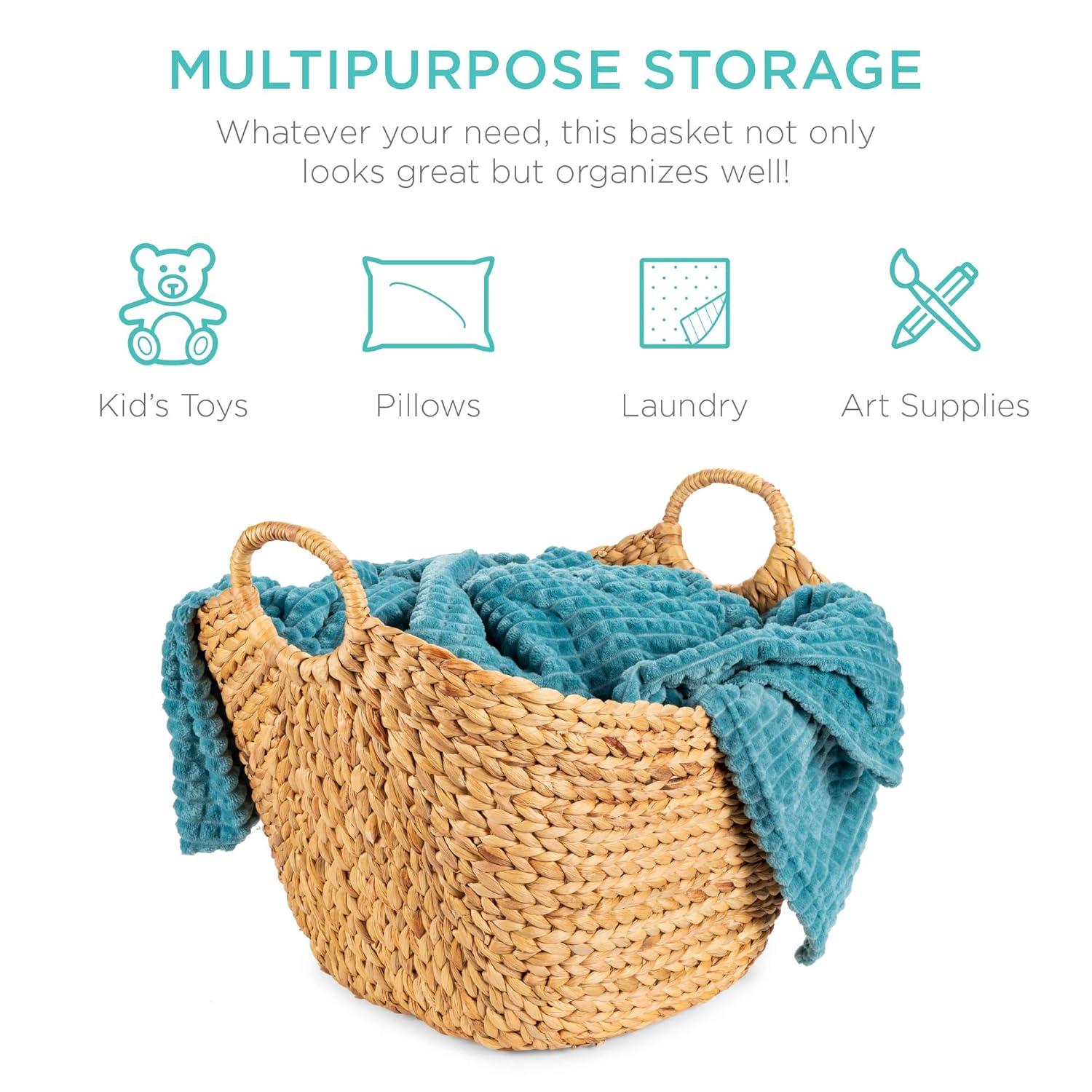 Large Vintage Laundry Basket Multipurpose Hyacinth  Basket  Handwoven French-Style Organizer Tote for Bedroom  Living Room  Bathroom  w/Handles - Natural