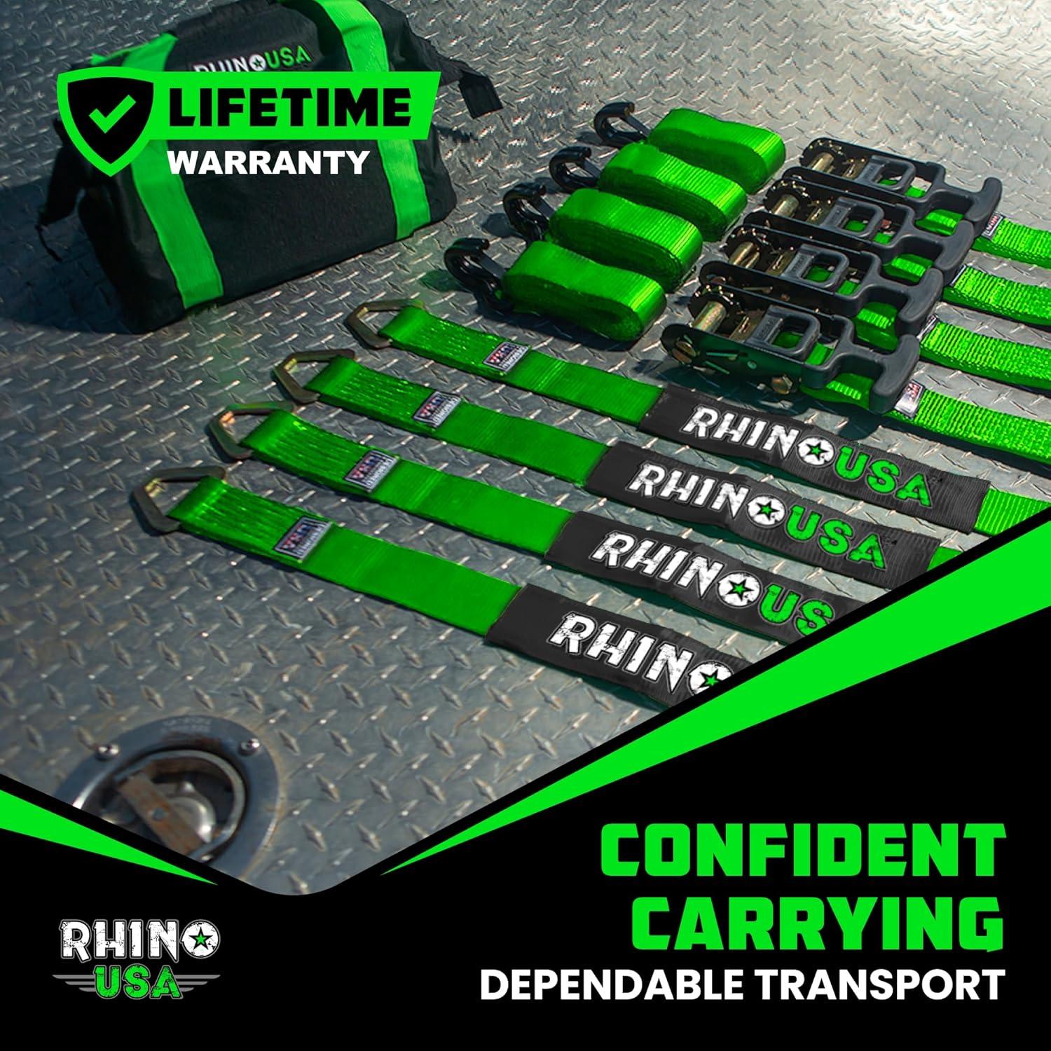 Rhino USA Car Tie Down Straps for Trailers w/ J Hooks - 2" x 8' (10,000lb Break Strength) 4pc Green