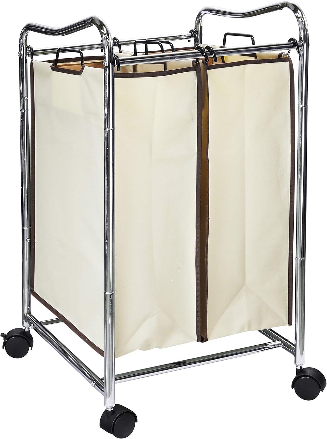 Chrome Frame Laundry Sorter with Beige Removable Bags and Wheels