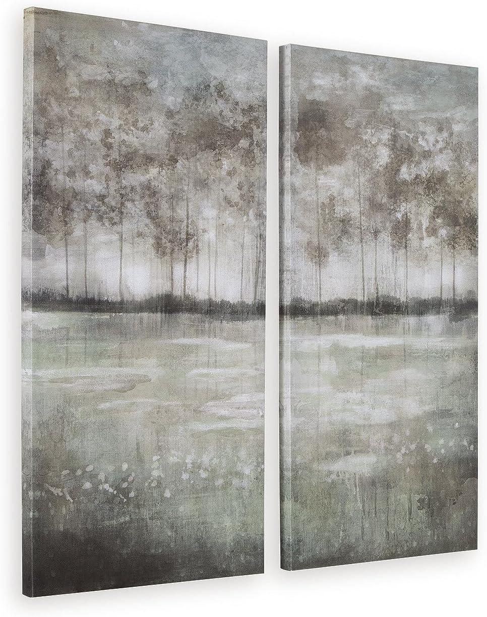 Gray and Green Abstract Woodland Canvas Wall Art Set