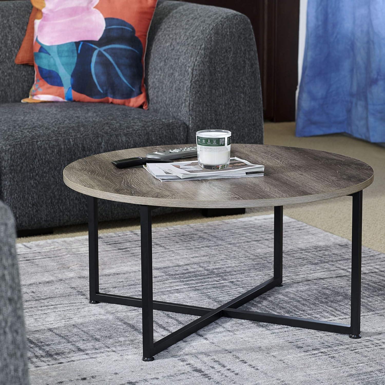 Jamestown Round Taupe Wood Coffee Table with Black Metal Frame