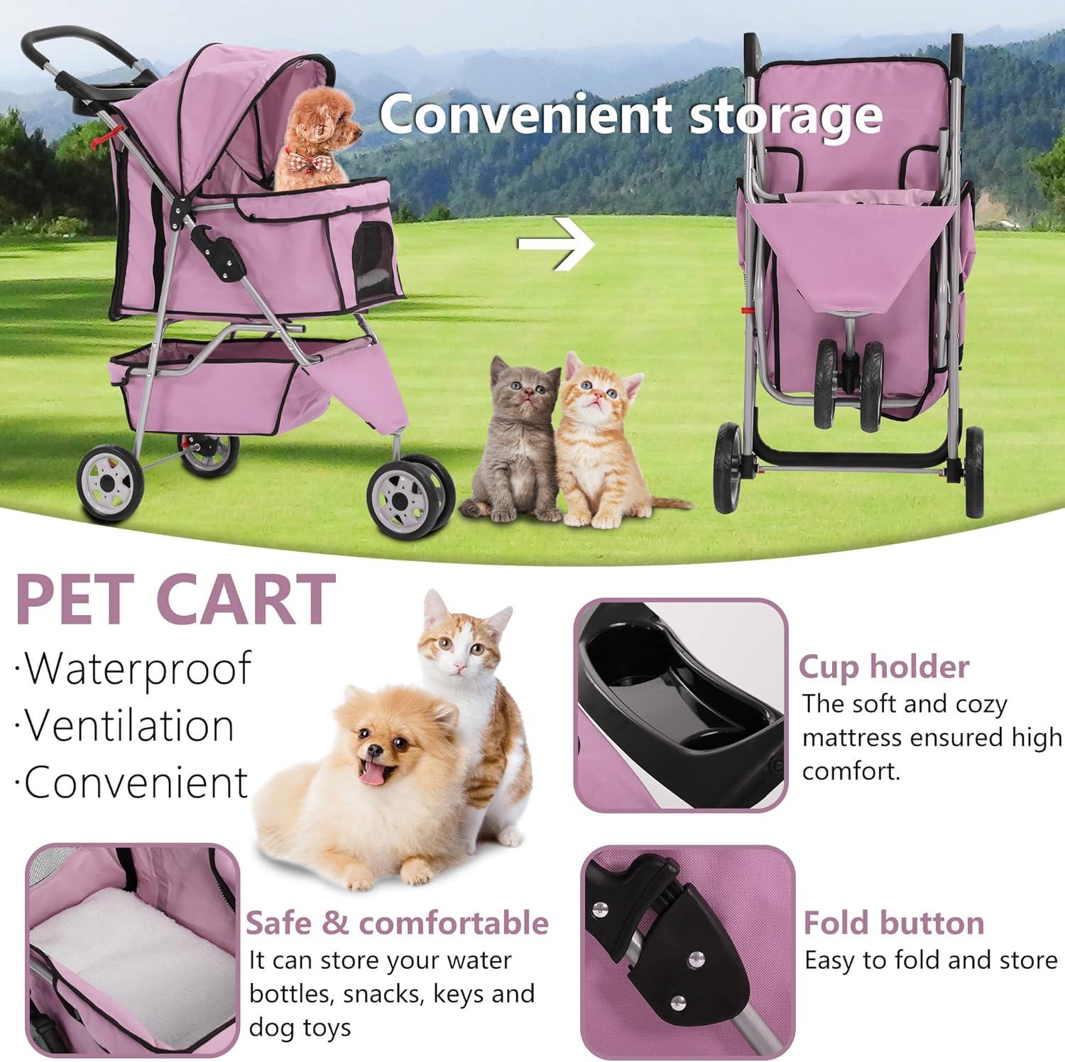 Pink 3-Wheel Foldable Waterproof Dog Stroller with Storage