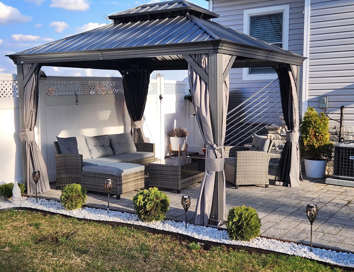 KOZYARD  Alexander Hardtop Aluminum Gazebo with Mosquito Net and Privacy Curtain Grey 10' x 12'